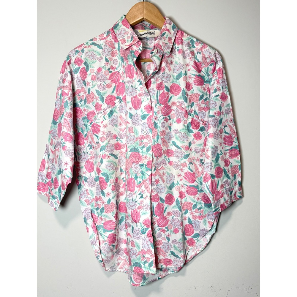 Vintage Diane Von Furstenberg Floral Tulip Shirt Pink Teal 3/4 Sleeve Small